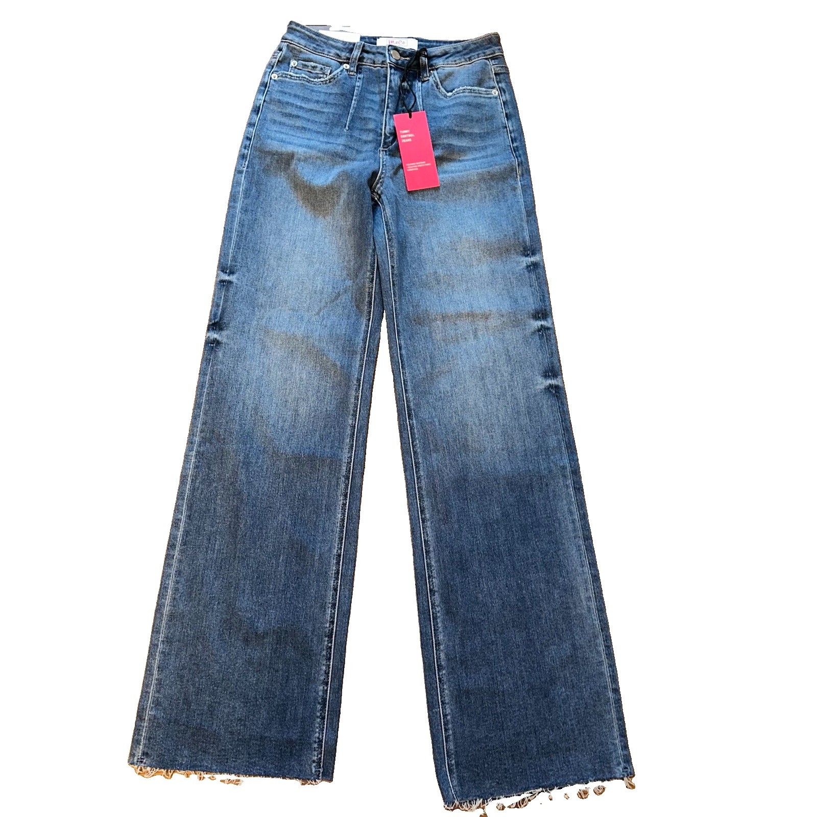 NWT MOCO Boutique Wide Leg Jeans Womens 5 27 Med Blue Wash Tummy Control Raw Hem