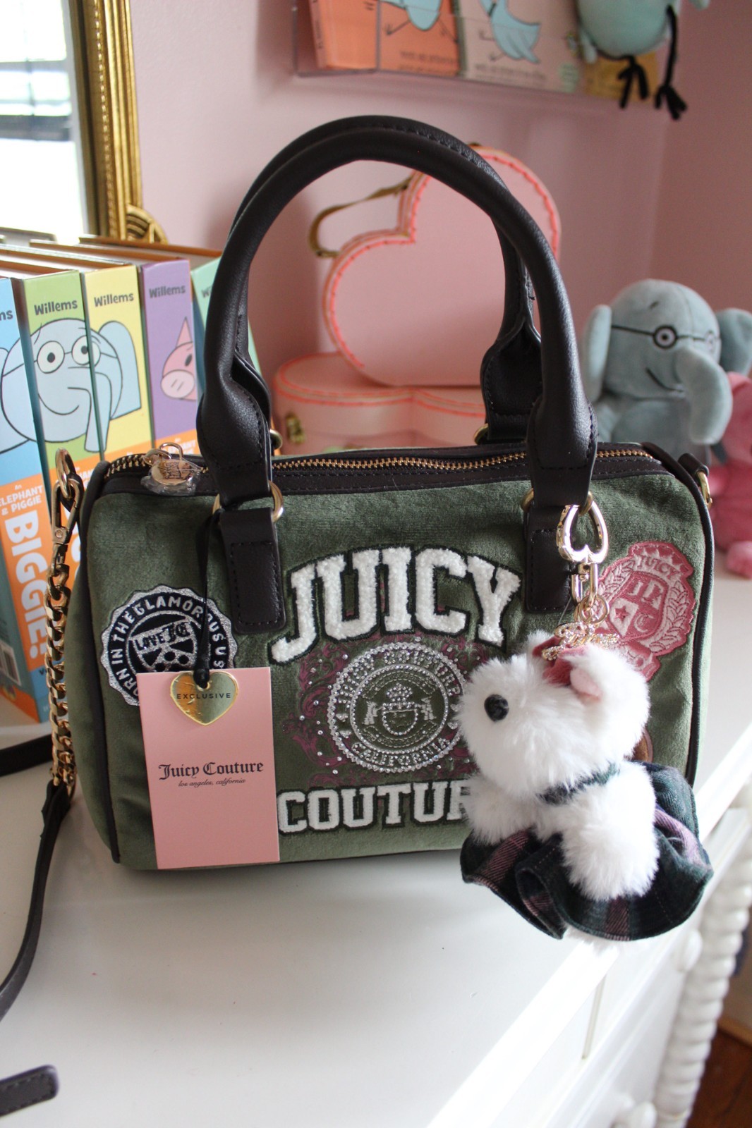 Juicy Couture Y2K Green Brown Velour Crown Heart Bowler Satchel NWT Dog Charm