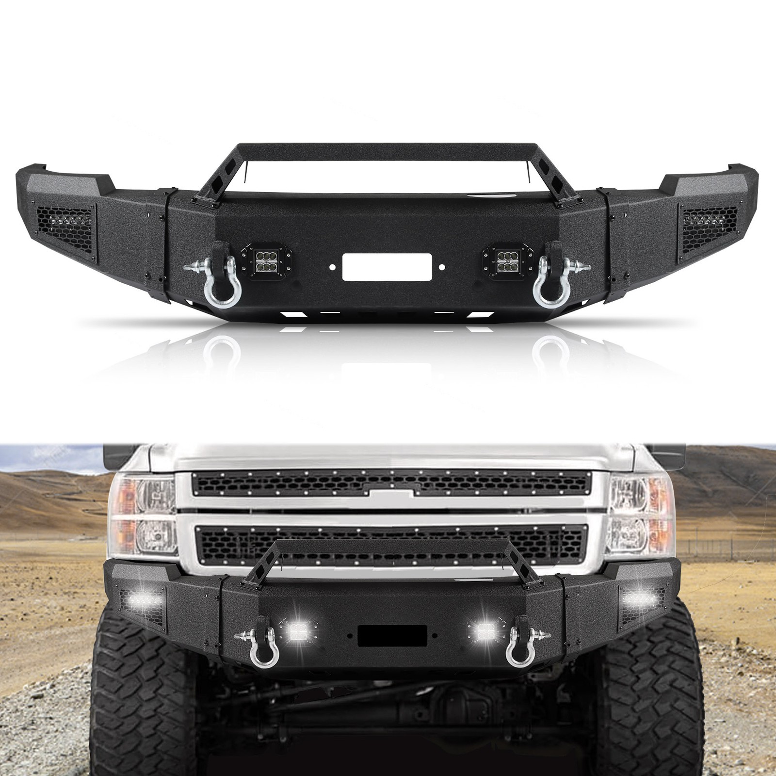 Front Bumper Fits 2011-2014 Chevy Silverado 2500 / 3500 With D-Rings& LED Lights
