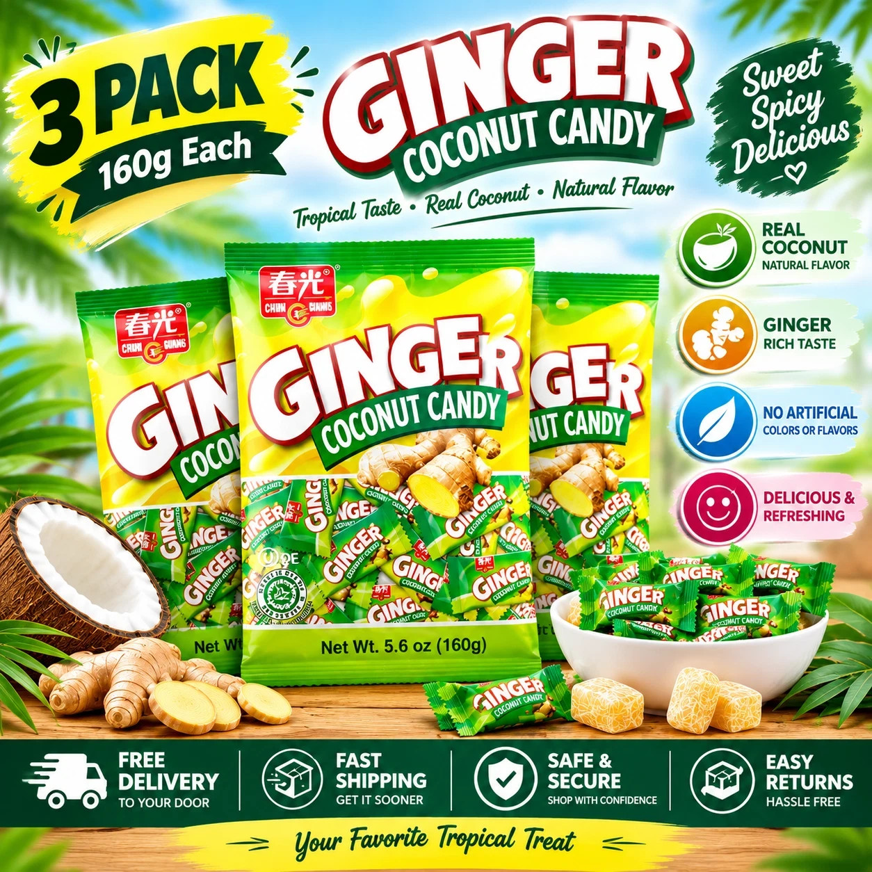 CHUN GUANG Ginger Coconut, Halal Hard Candy,5.6 oz. bag ( Pack of 3 )