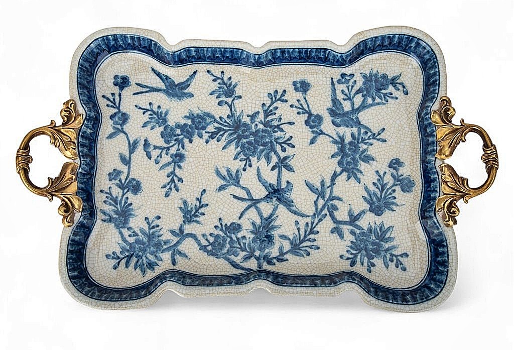 Blue, White Chinoiserie Porcelain Decorative Tray.Decorative Bronze Handles-15
