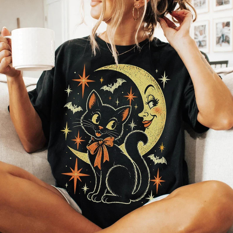 Black Cat Halloween Shirt, Y2K Vintage Tee, Retro Spooky Graphic