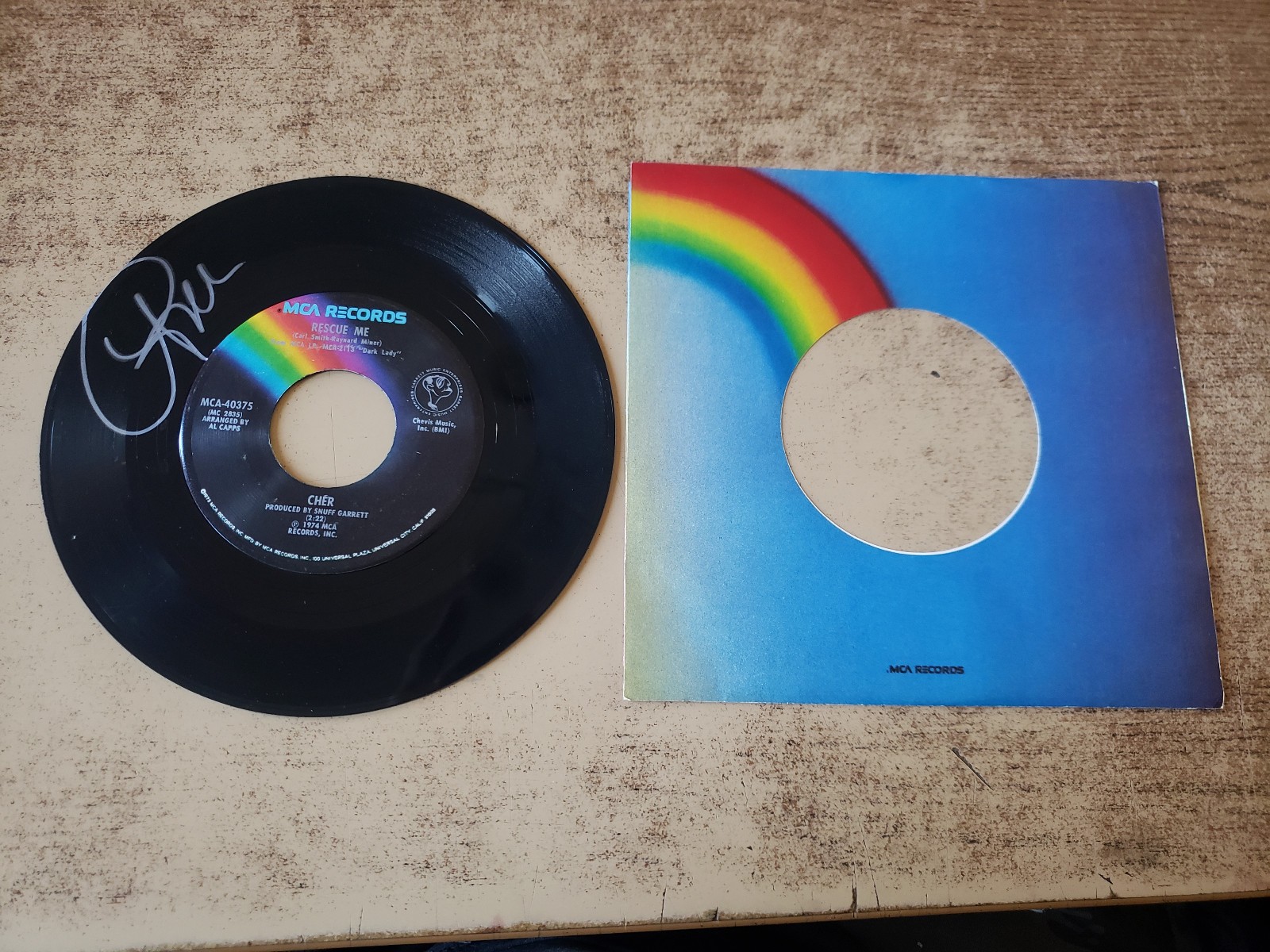 autographed 1970s vg++ Cher – Rescue Me / Dixie Girl 45