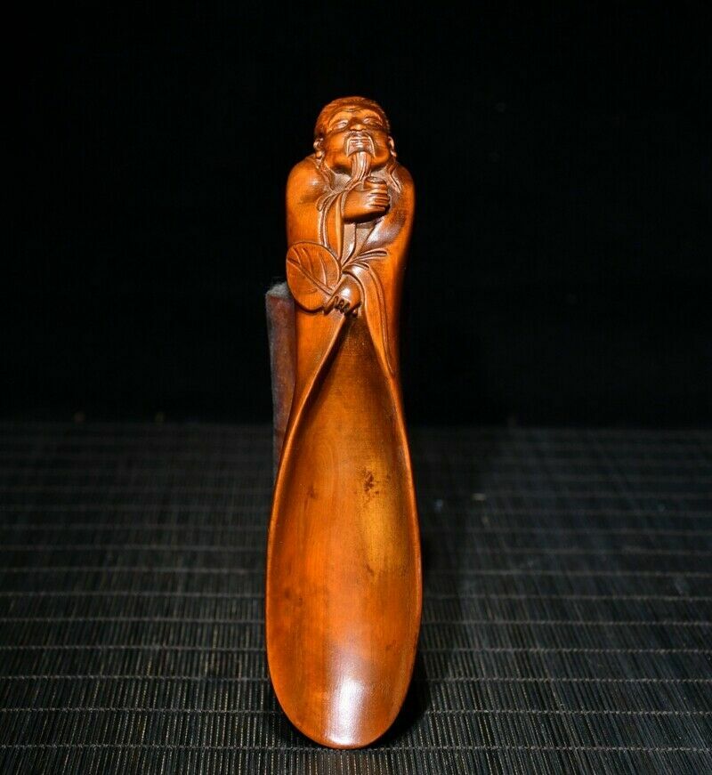 Chinese Old BoxWood Hand Carved Exquisite Boxwood Tea Shovel Statue Art Decor