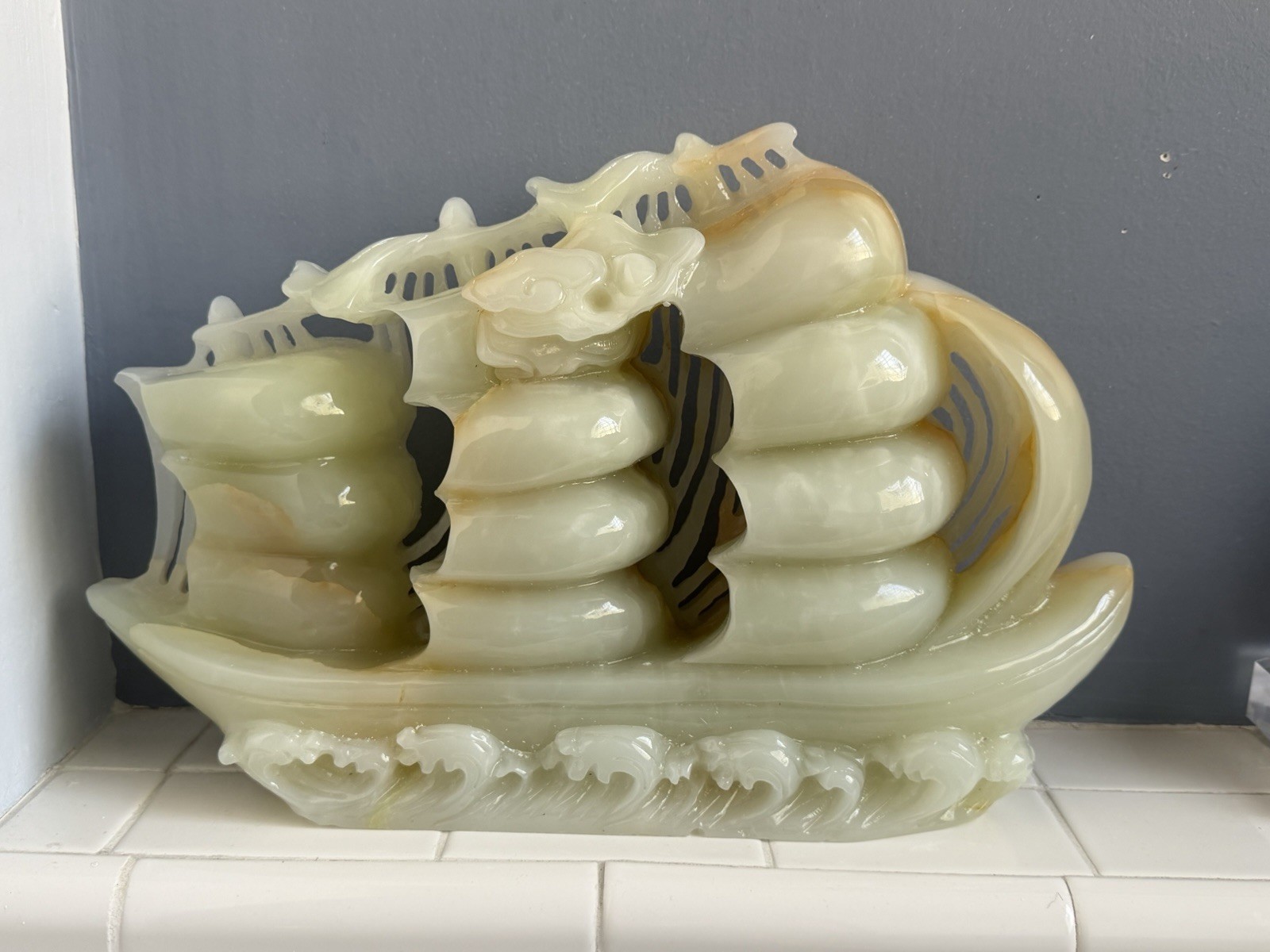 20lb Vintage Chinese Boat Carving Jade Nephrite