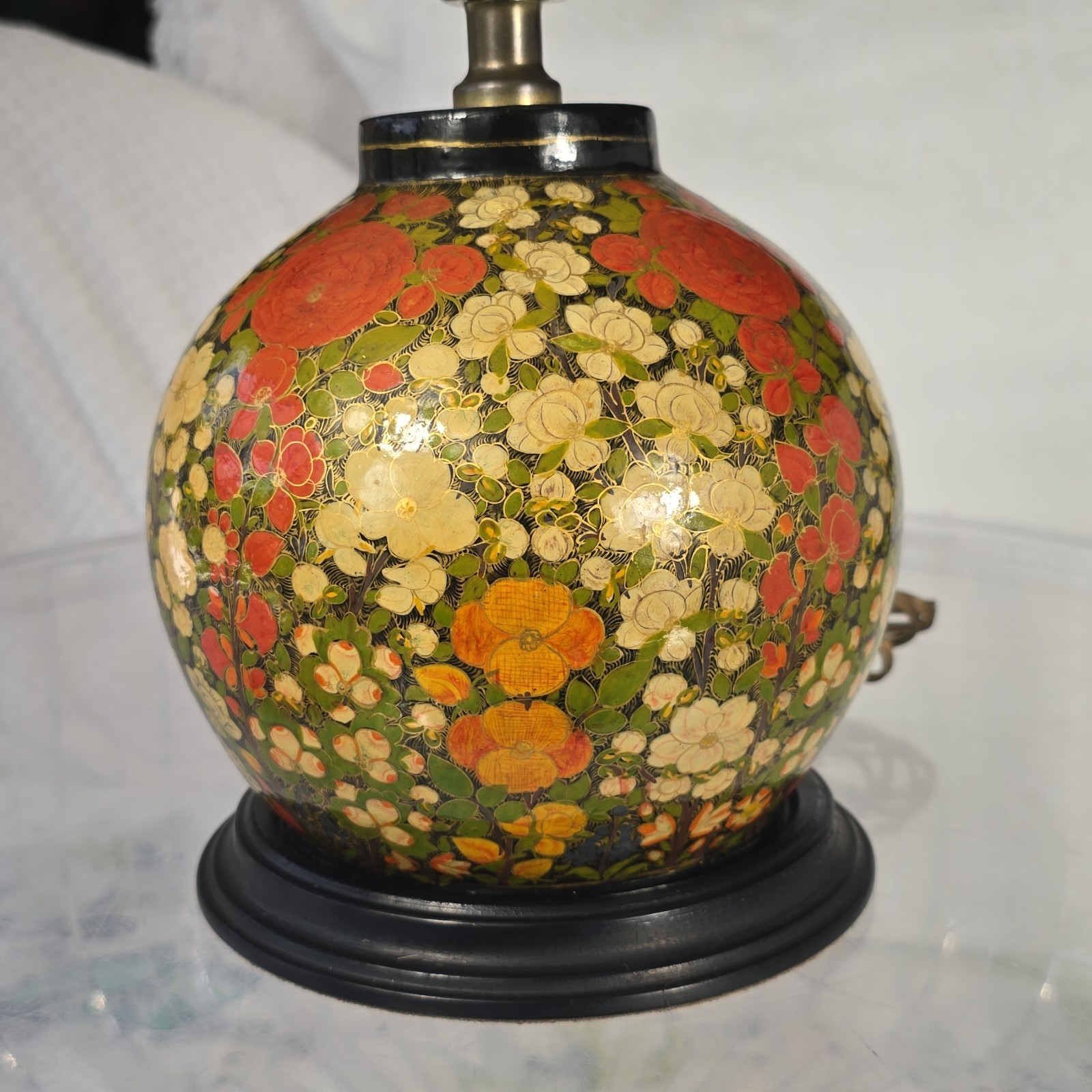 1930s Kashmiri Hand Painted Lacquered Papier Mache Table Lamp W/ Paint Brush