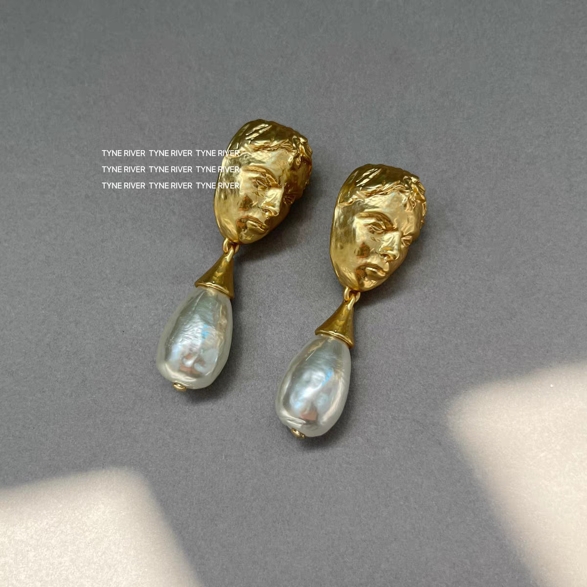 Schiaparelli Vintage Sculpted Face Baroque Pearl Drop Earrings Gold Tone