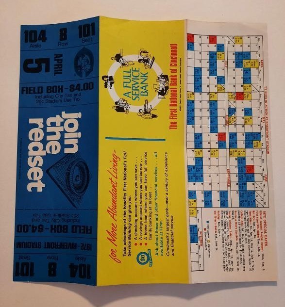 Vintage 1972 Cincinnati Reds Schedule & Riverfront Seating Chart Rose Bench