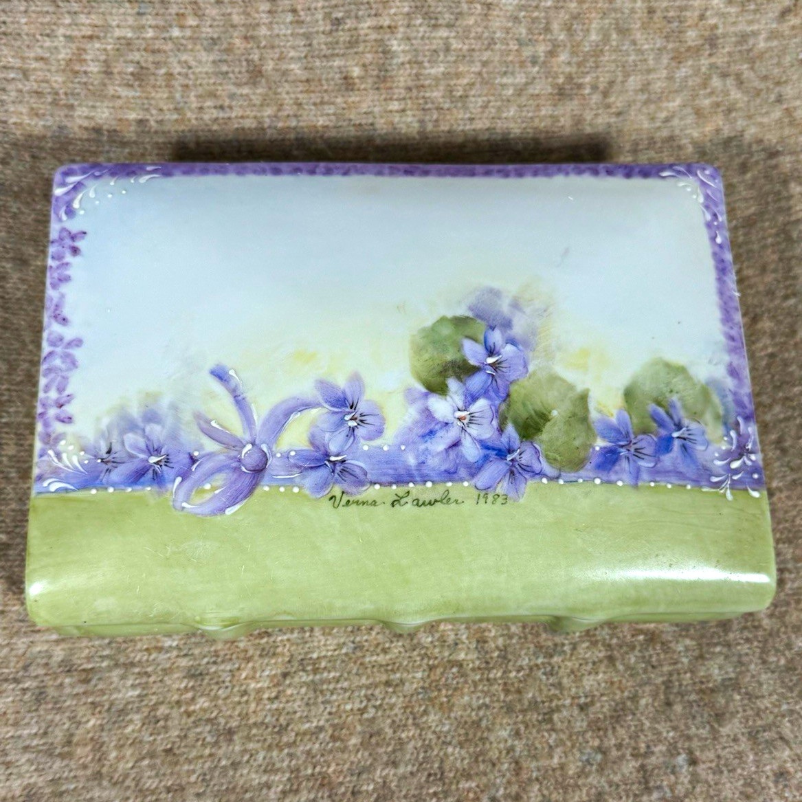 Vintage 1983 Hand Painted Porcelain Jewelry Trinket Box Violets Signed