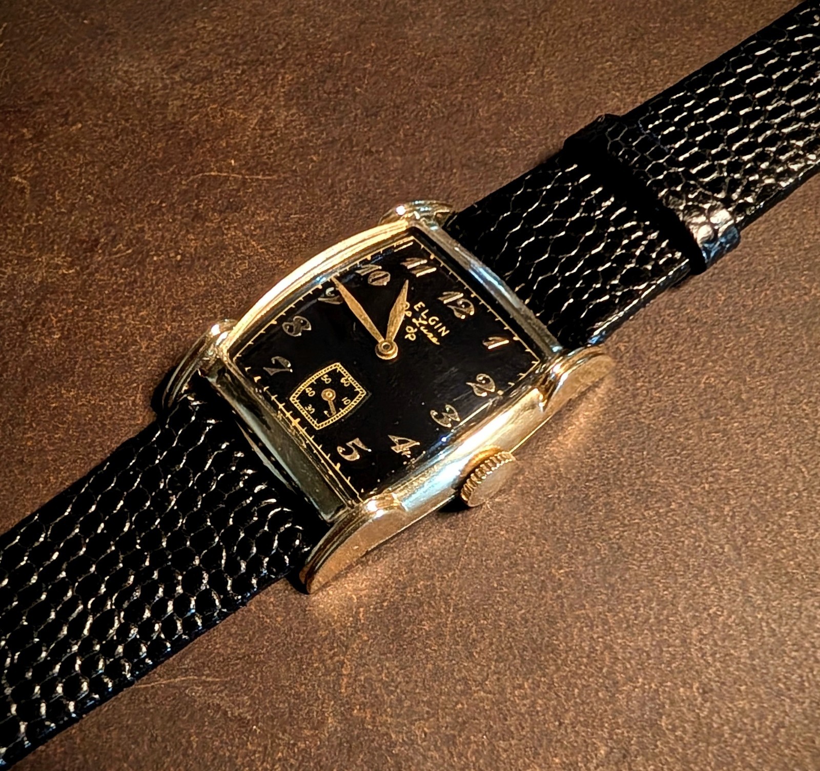 Vintage Elgin De Luxe Tank Watch 10K Gold Filled Black Dial Serviced Art Deco