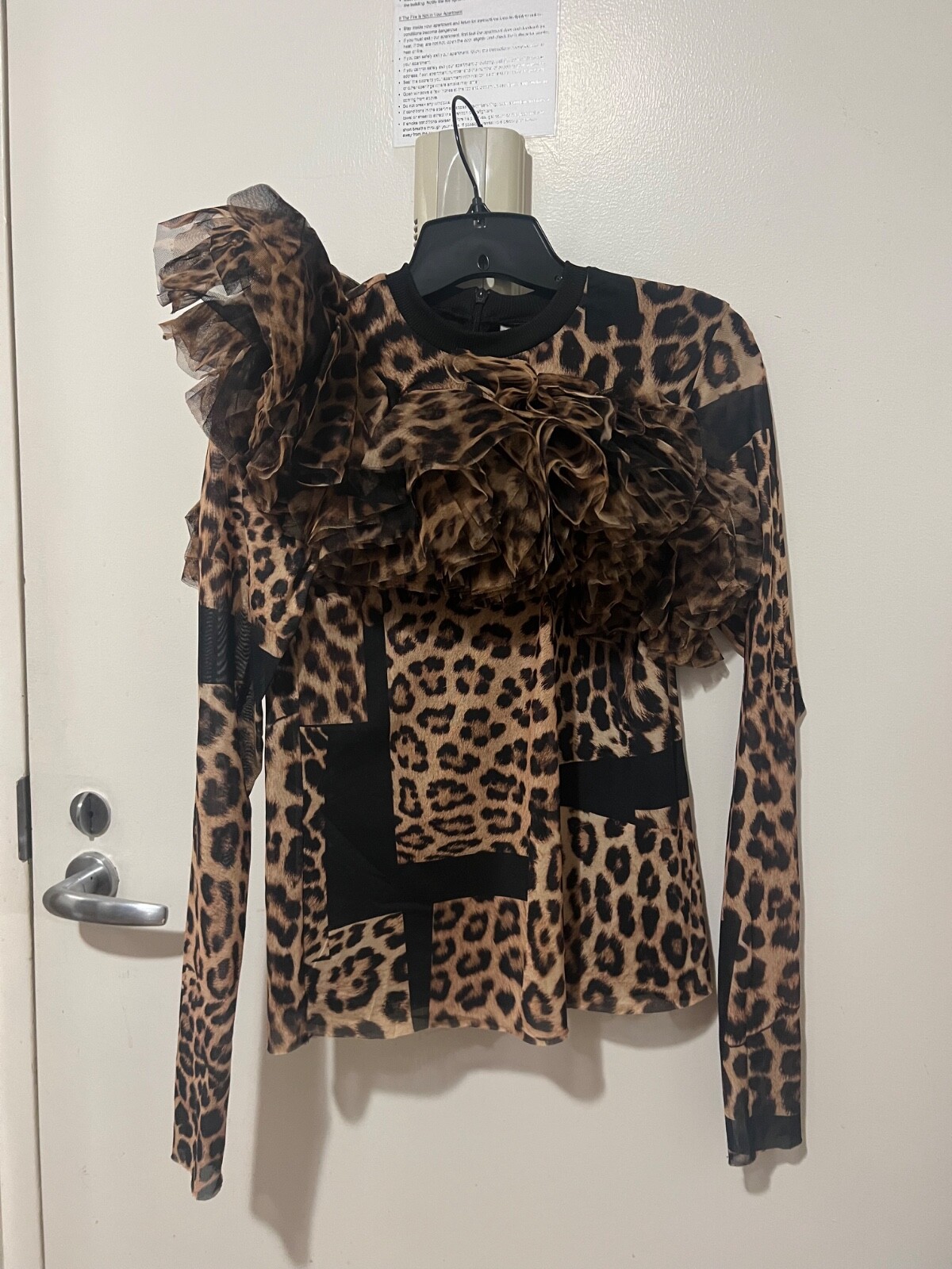 H&M Studio 2022 Leopard Print Long Sleeve Knit Statement Top Woven Ruffle