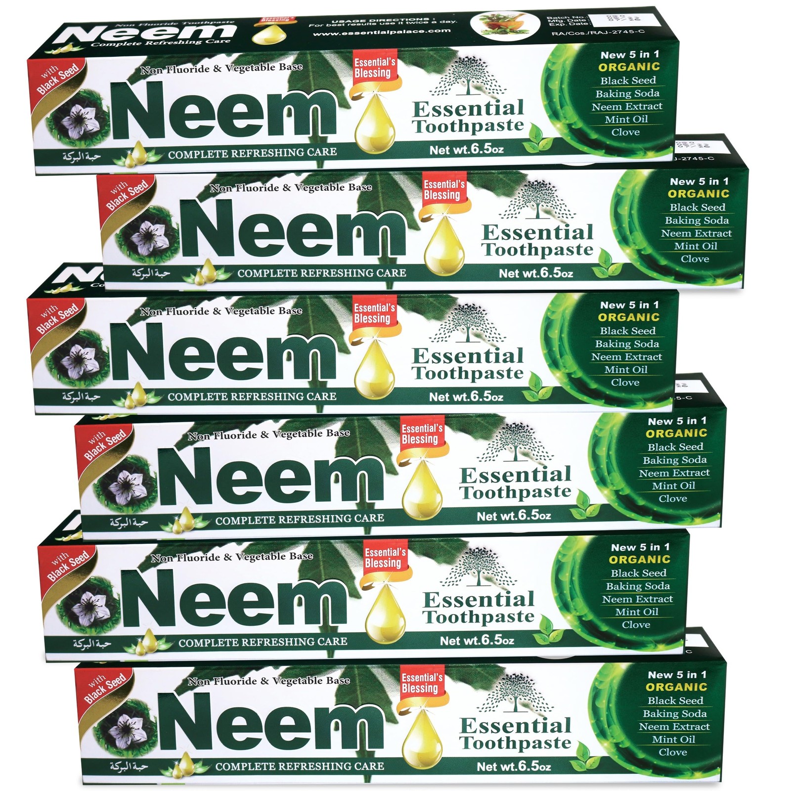 Neem Essential Toothpaste 6.53 oz Pack of 6 Fluoride Free 5 in 1