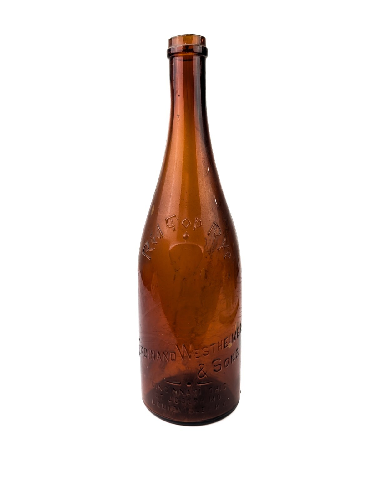 Antique Red Top Rye Amber Glass Bottle Ferdinand Westheimer & Sons 1901-05 Chip