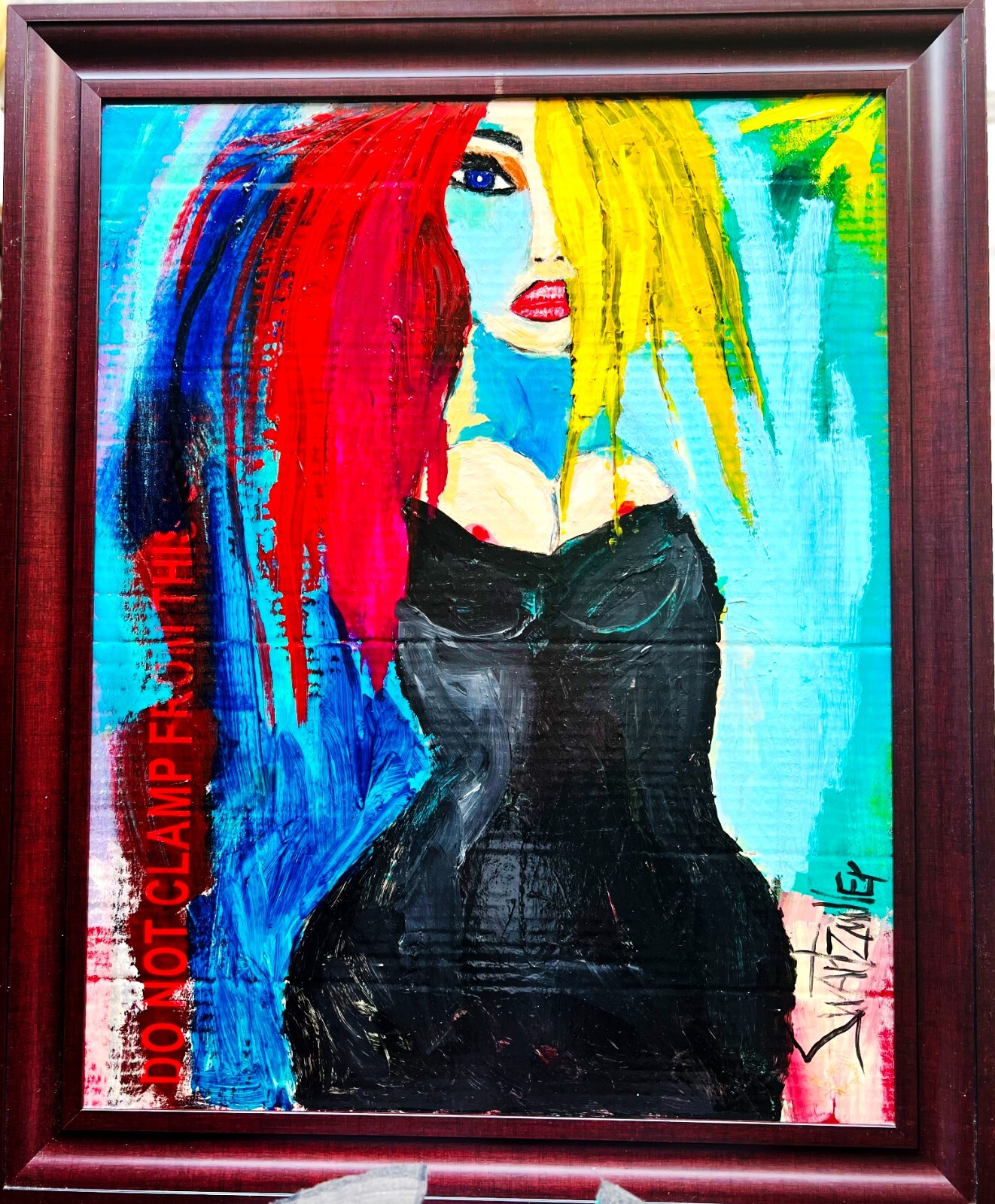 Original LADY Art PAINTING acrylic upcycled 27X33 Framed SWARTZMILLER DNA SIGNED