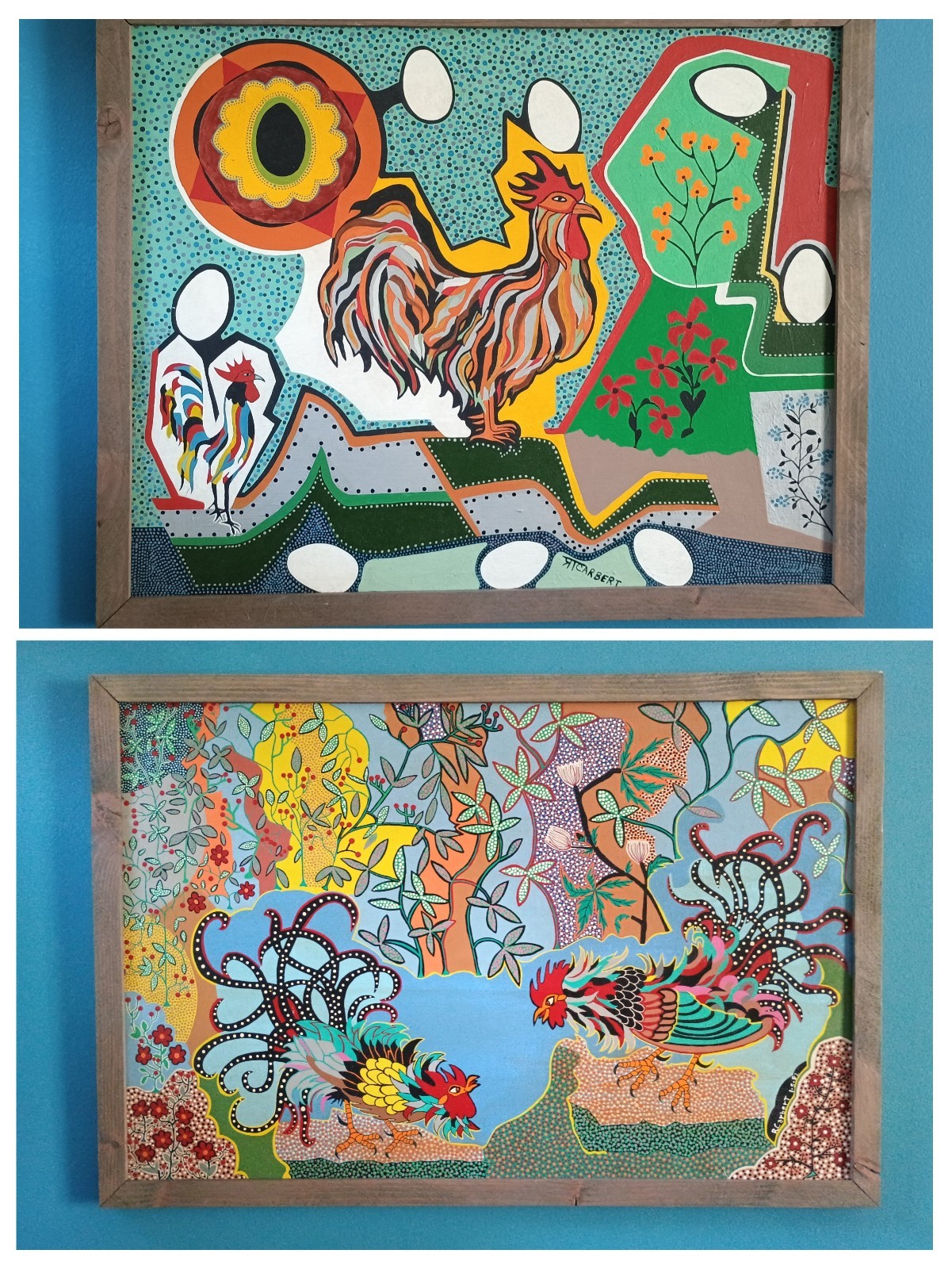 2 Original Acrylic Paintings: Modern Surrealism Roosters Cincinnati Outsider Art