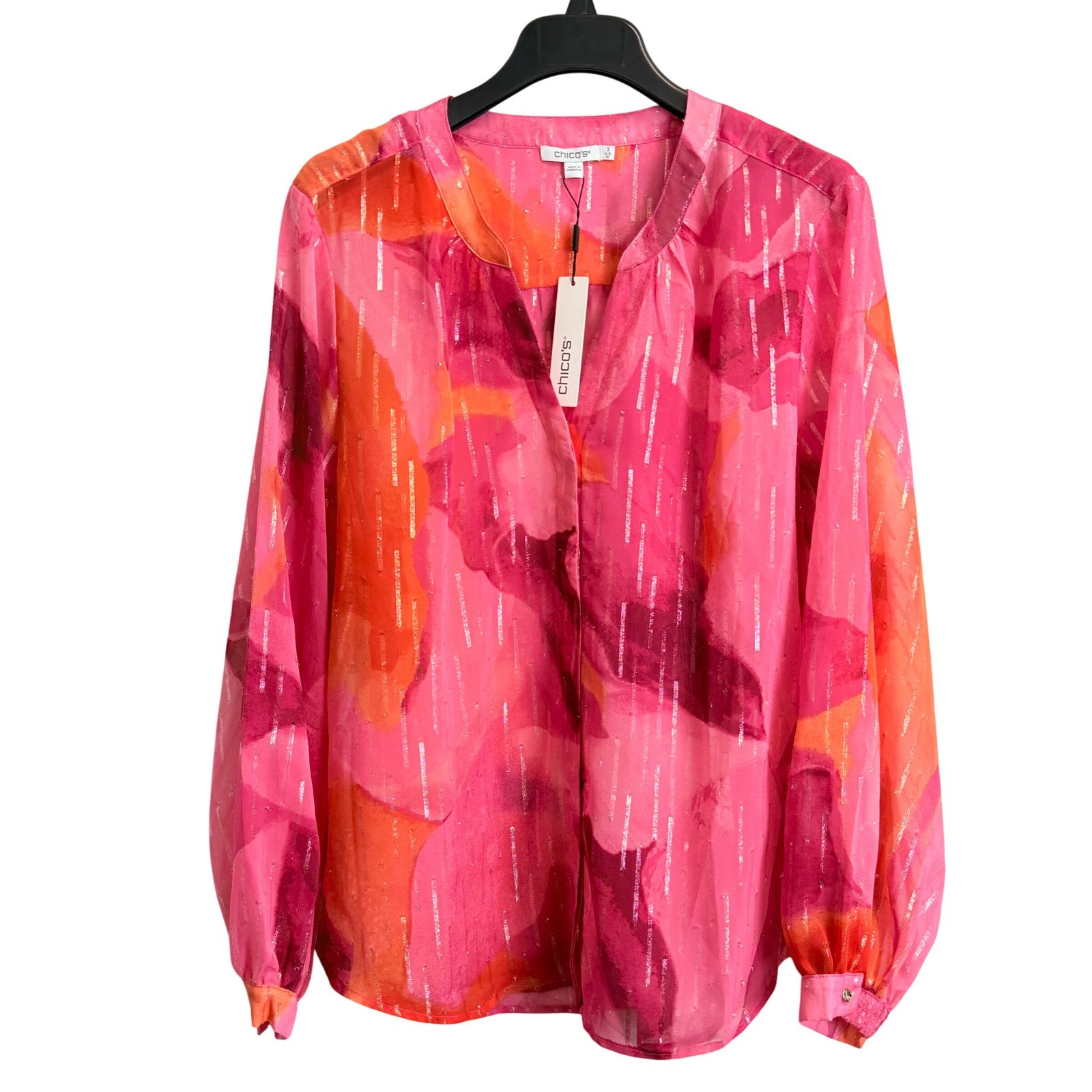 Chicos Lia Wash Billow Sleeve Blouse Pink Orange Metallic Stripe 3 XL Sheer Chicos Lia Wash Billow Sleeve Blouse Pink Orange Metallic Stripe 3 XL Sheer