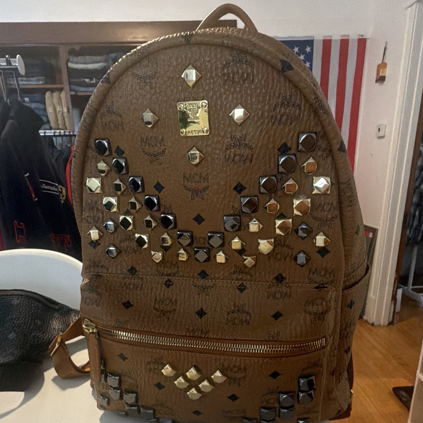 MCM Visetos Brown Monogram Studded Backpack Zip Closure Adjustable Strap