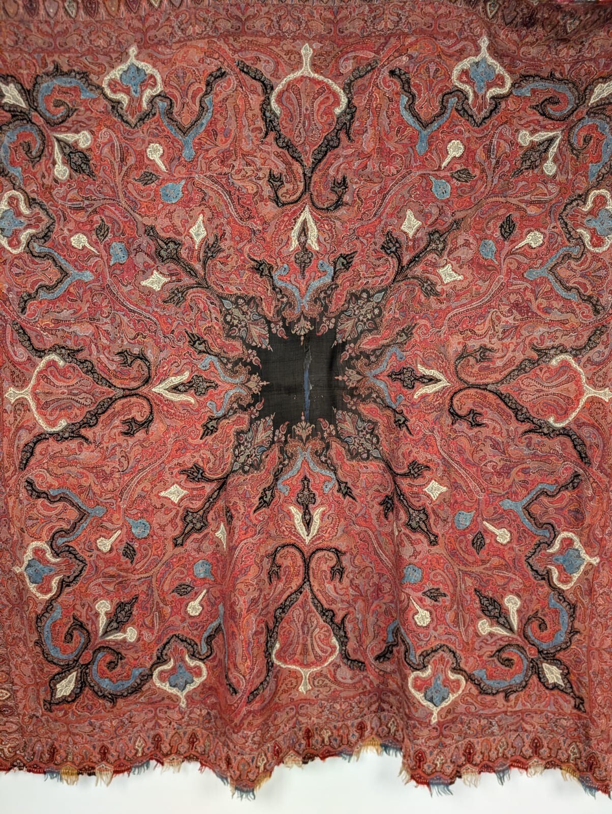 ANTIQUE MID 19TH C HAND PIECED COLORFUL PAISLEY SHAWL W SMALL BLACK CENTER