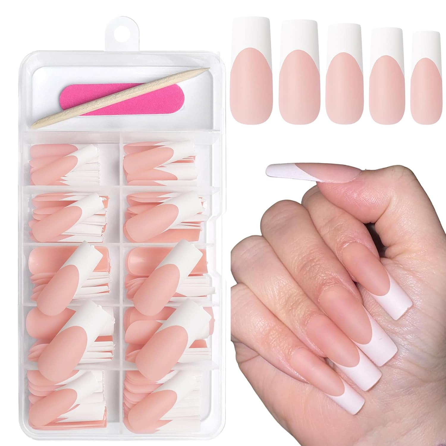 Addfavor 120Pcs White French Tip Press on Nails Long Square Fake Nails Nude Fals