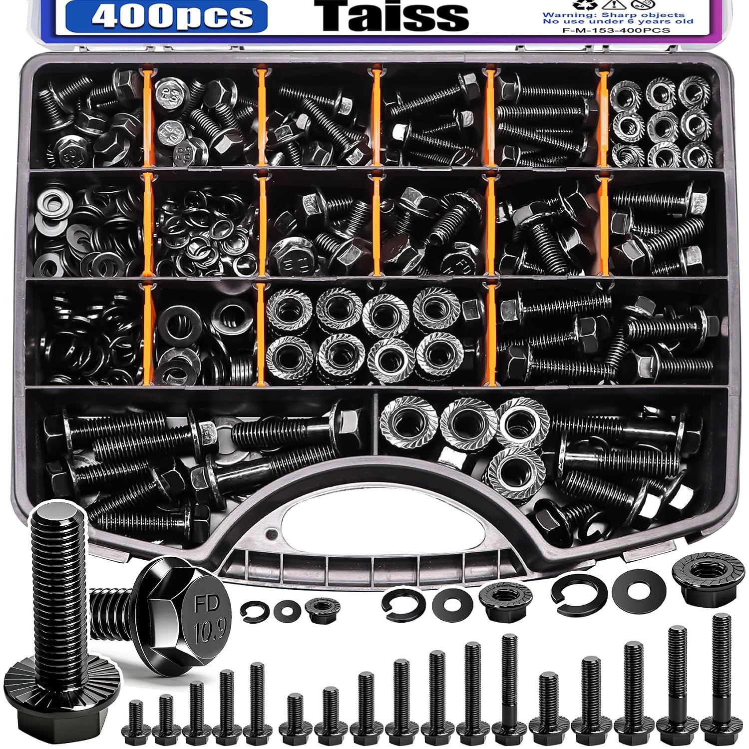 Taiss 400PCS Metric Flange Bolt Assortment Kit,M6X1.0, M8X1.25, M10X1.5 Bolts(12
