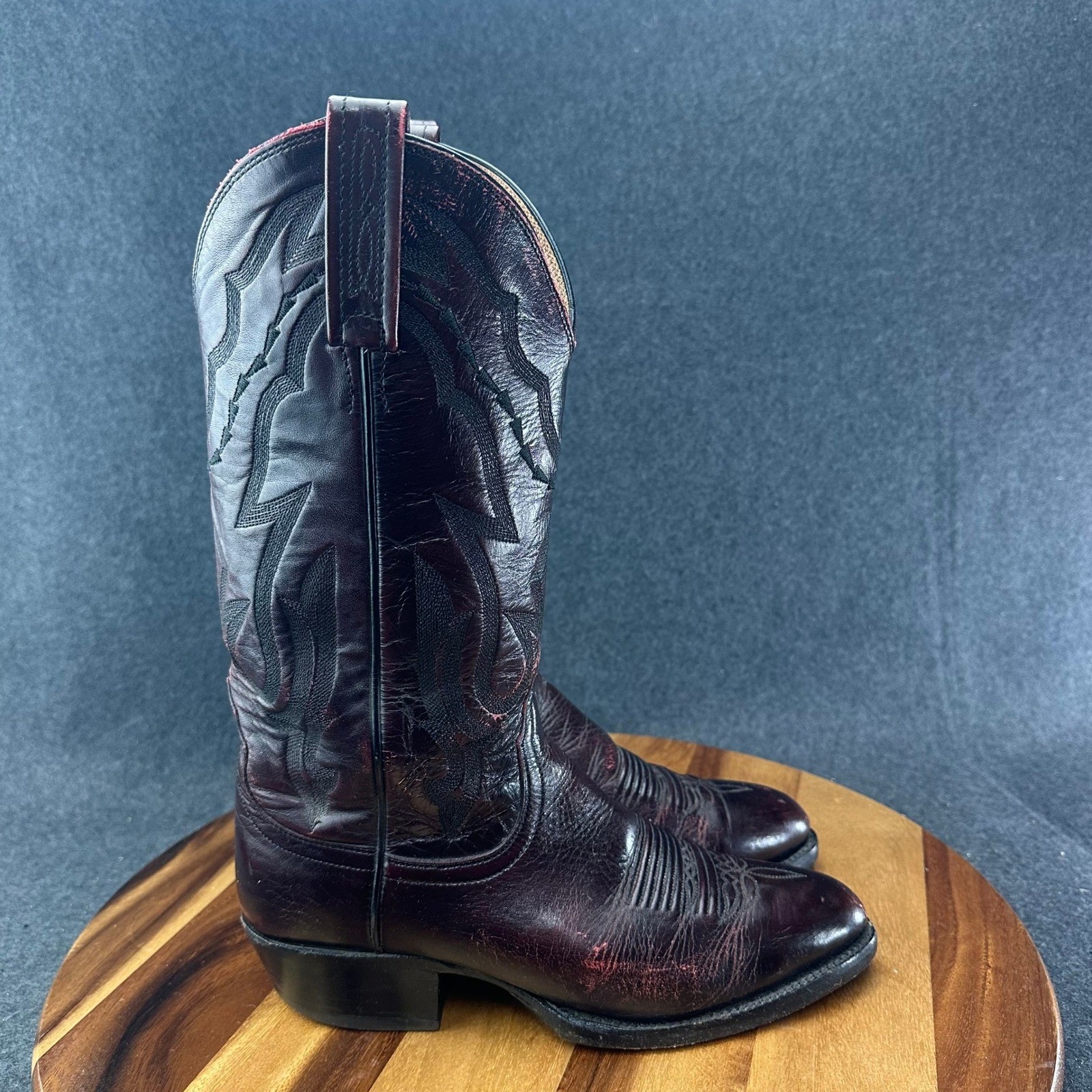 VTG Lucchese 2000 Men\'s Leather Cowboy Boots 7D Brown Cherry Western T3095