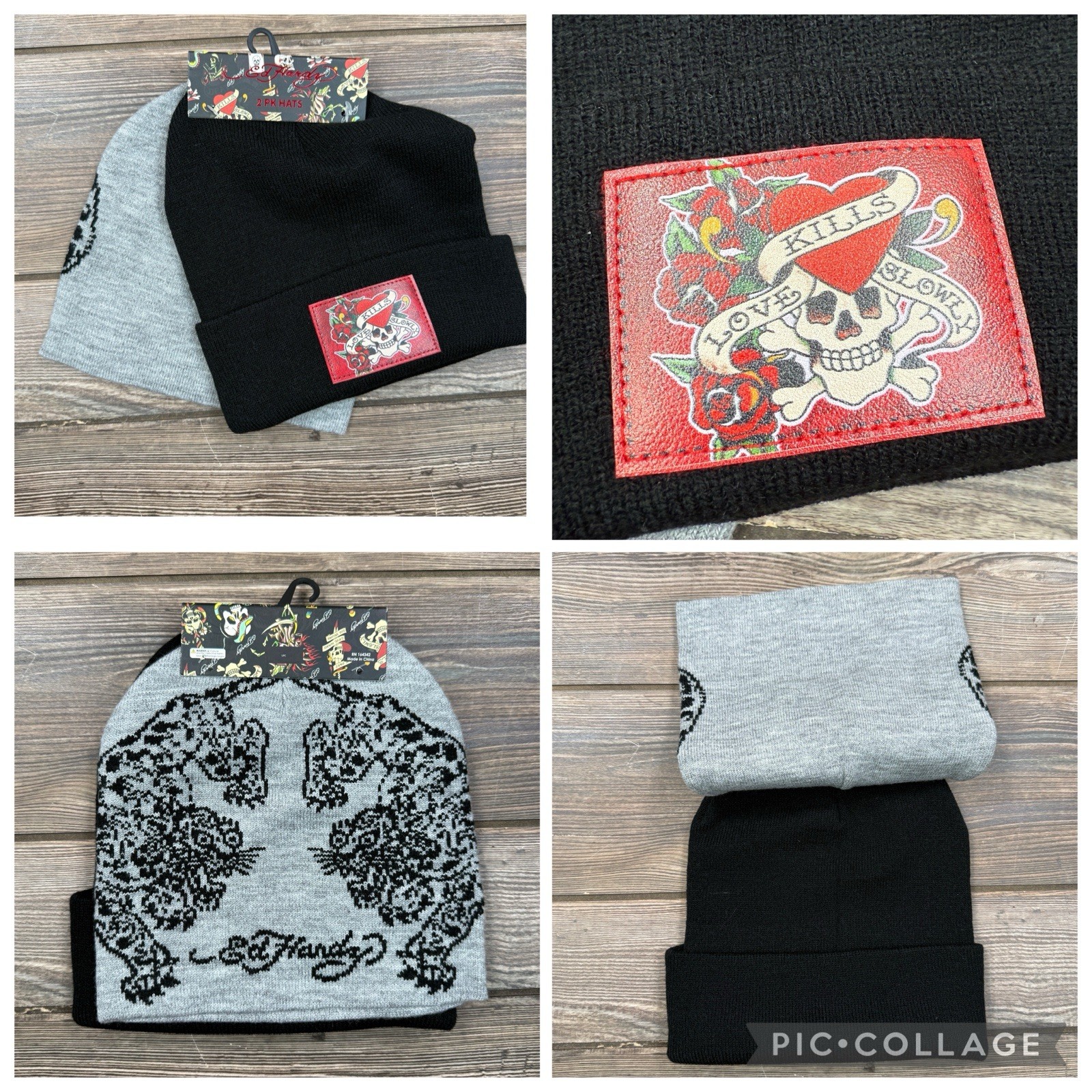 Ed Hardy 2-Pack Knit Beanie Hat Love Kills Slowly Stretch Black Y2K One Size NEW