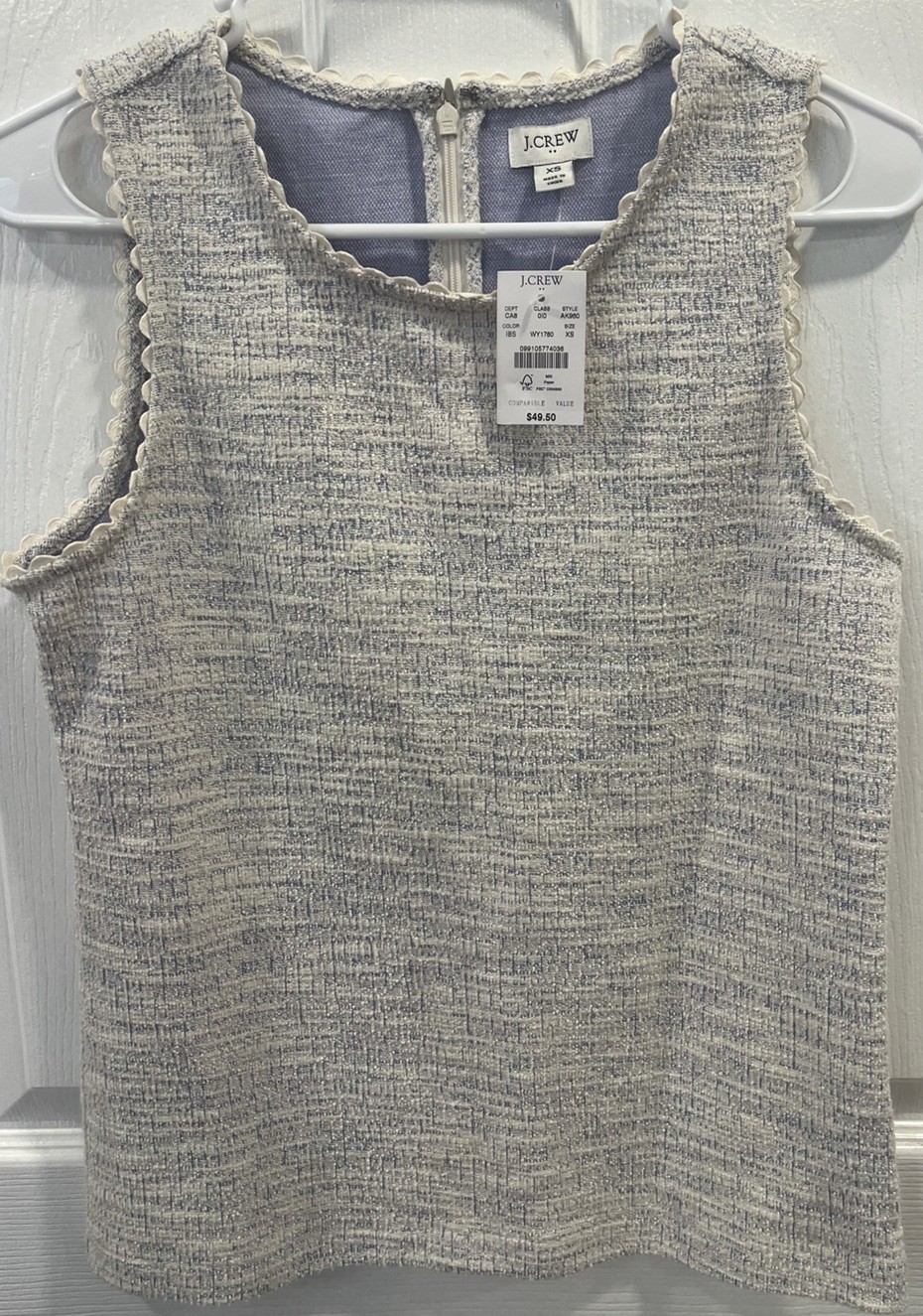 NWT J.Crew Tweed Scallop Trim Sleeveless Top Women’s XS Ivory/Light Blue