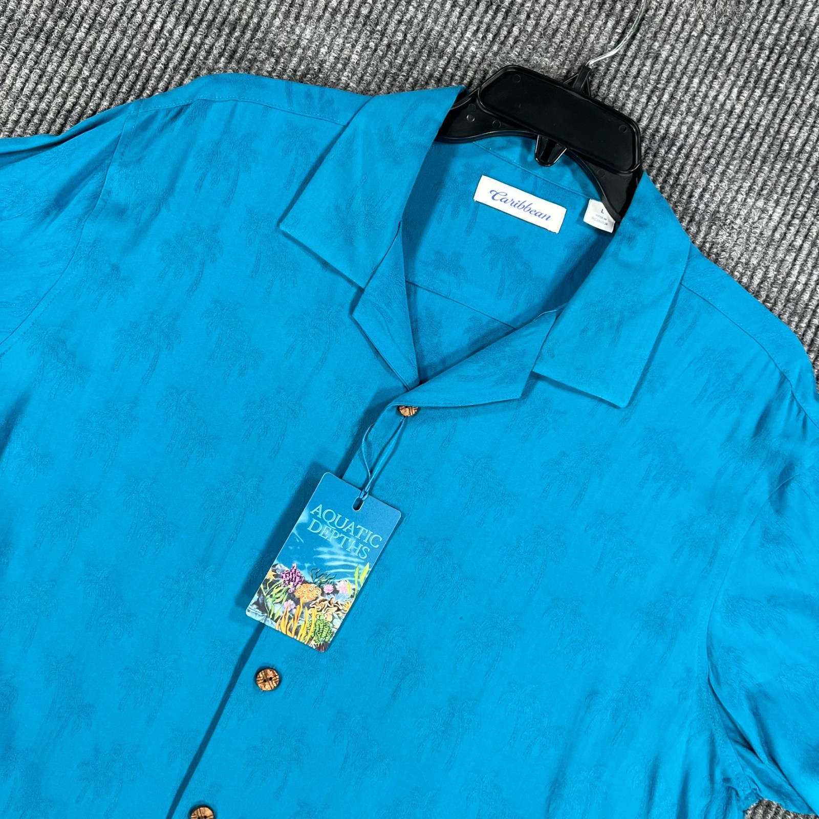 Caribbean Shirt Mens Large Mens Blue Green Short Sleeve Button Up New