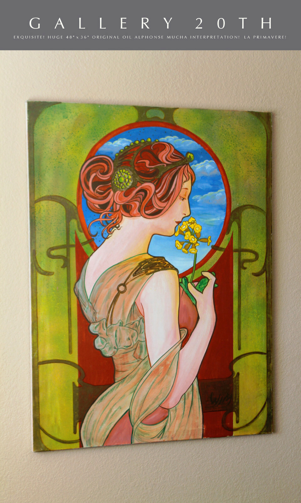 STUNNING VTG ALPHONSE MUCHA OIL PAINTING ORIG RECREATION LA PRIMAVERE ART MCM