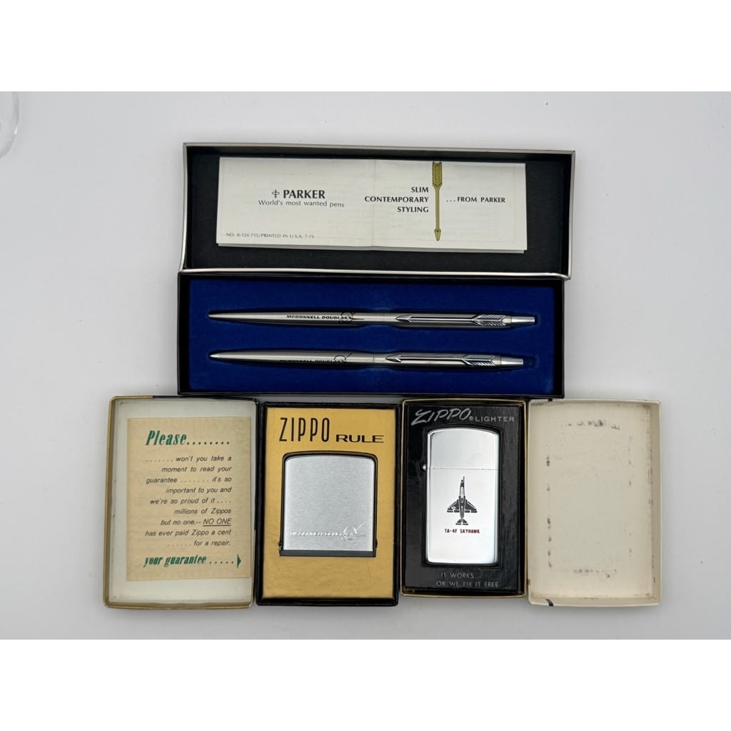 1970 McDonnell Douglas TA-4F Skyhawk Zippo Parker Pen Pencil Rule Set NOS