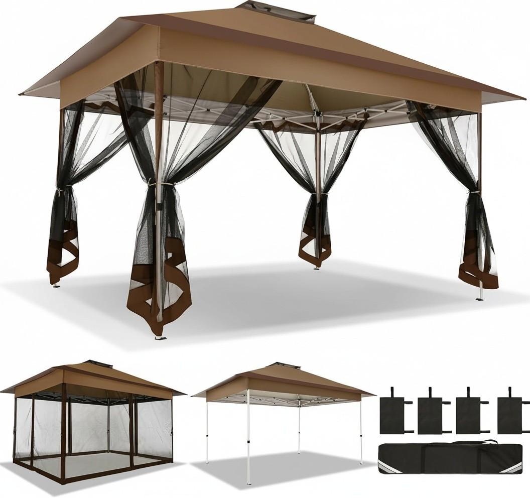 10x15FT Outdoor Gazebo Pop Up Patio Gazebo with Mosquito Netting Canopy Tent