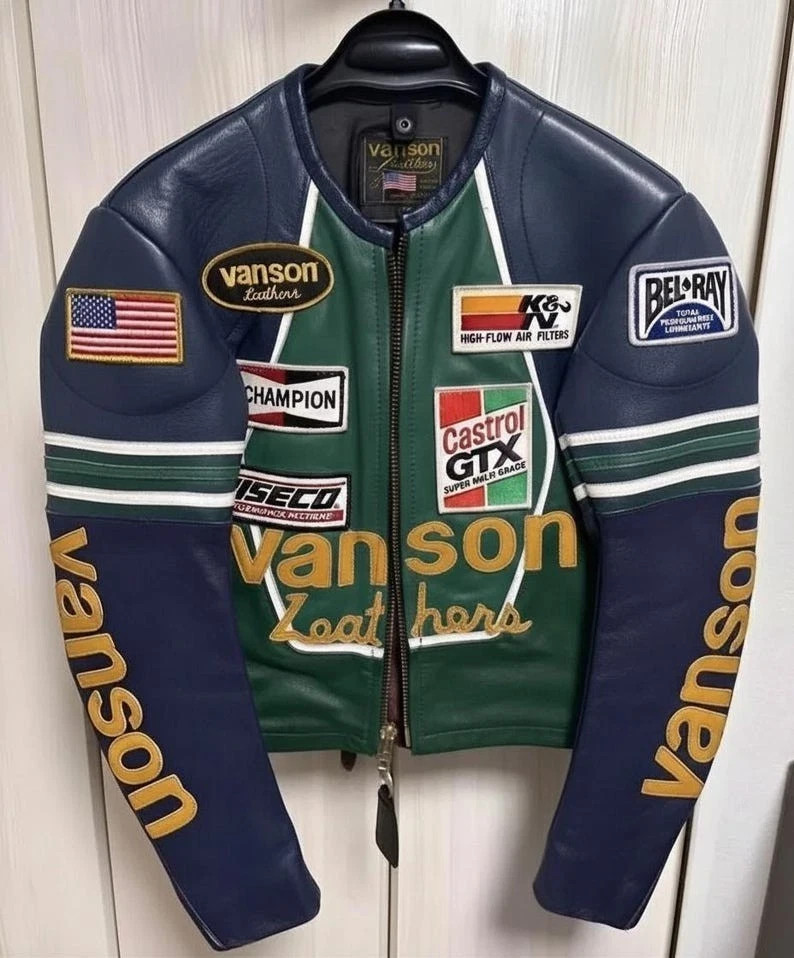 Van son Star Genuine Cowhide Leather Motorcycle Jacket Blue & Green Retro Racing