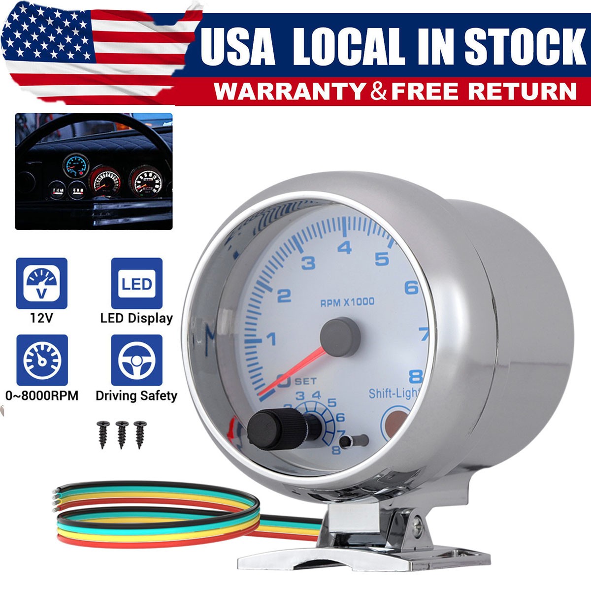 3.75\'\' 12V Car Tachometer Gauge Meter LED Inter Shift Light 0-8000 RPM Universal