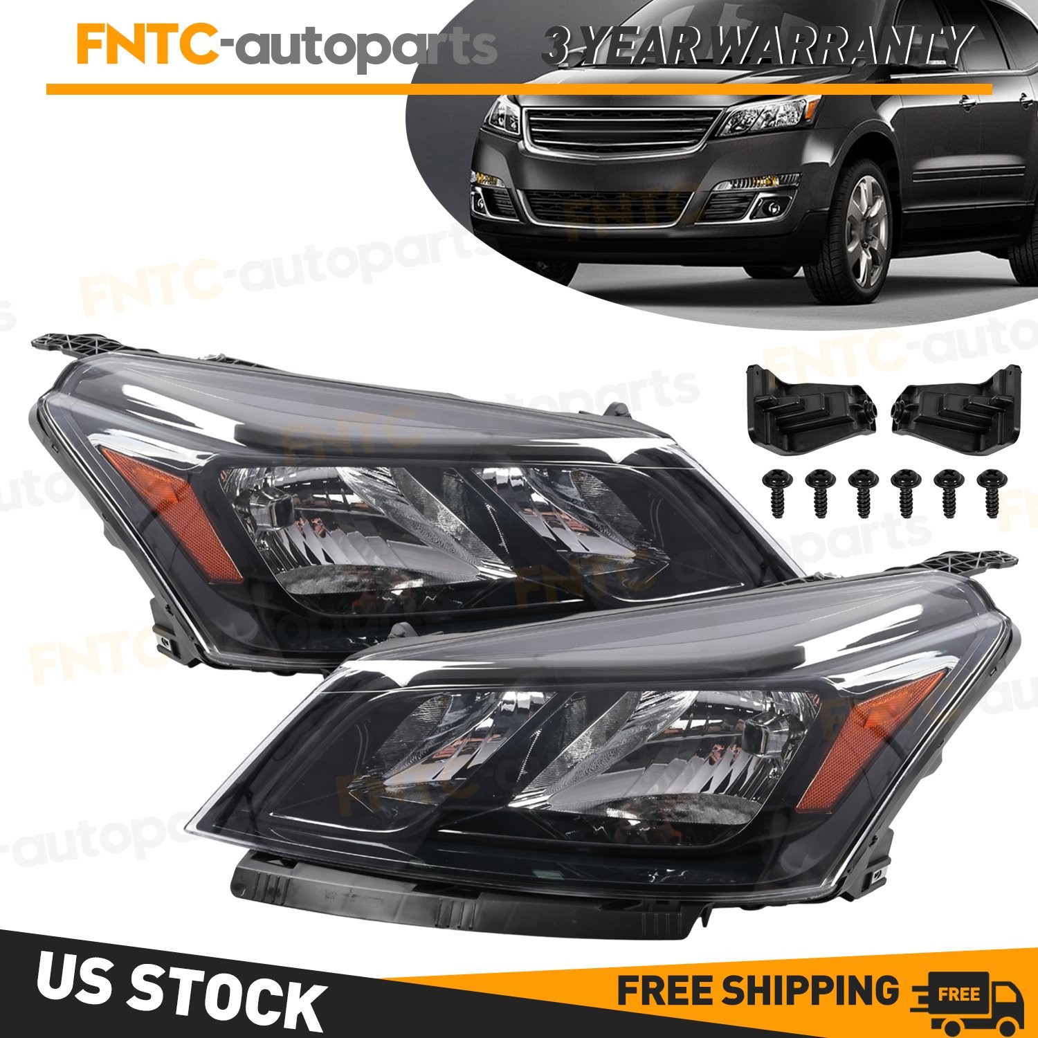 2Pcs Pair Headlight w/Bulb For 2013-2017 Chevrolet Traverse LS LT LTZ 3.6L Black