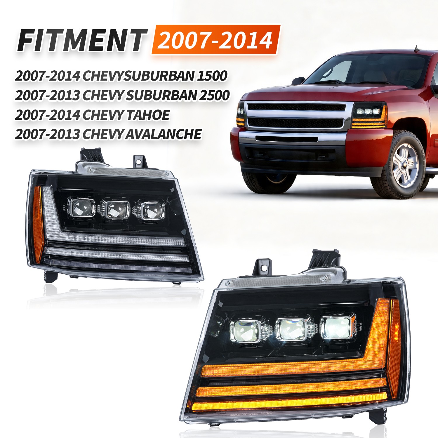 Pair Projector LED DRL Headlights For 2007-14 Chevrolet Tahoe Avalanche Suburban