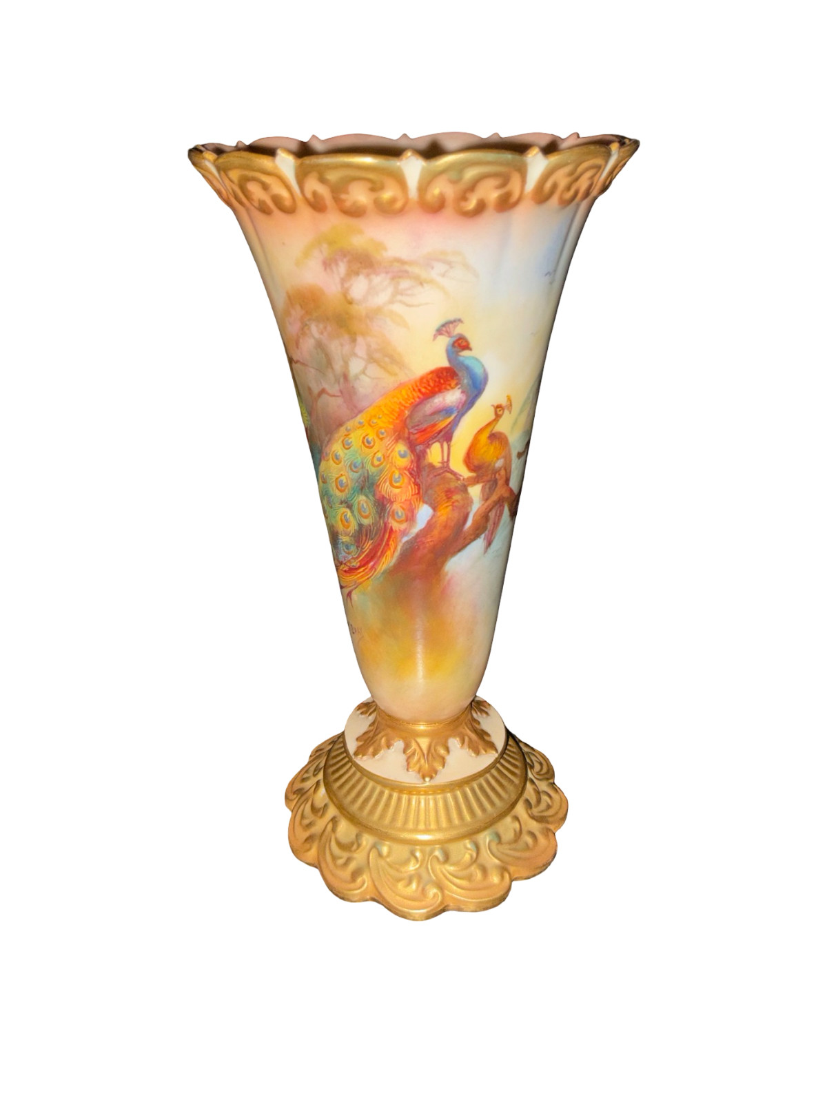 RARE ROYAL WORCESTER PEACOCK VASE — SIGNED F.J. BRAY — Pattern 706