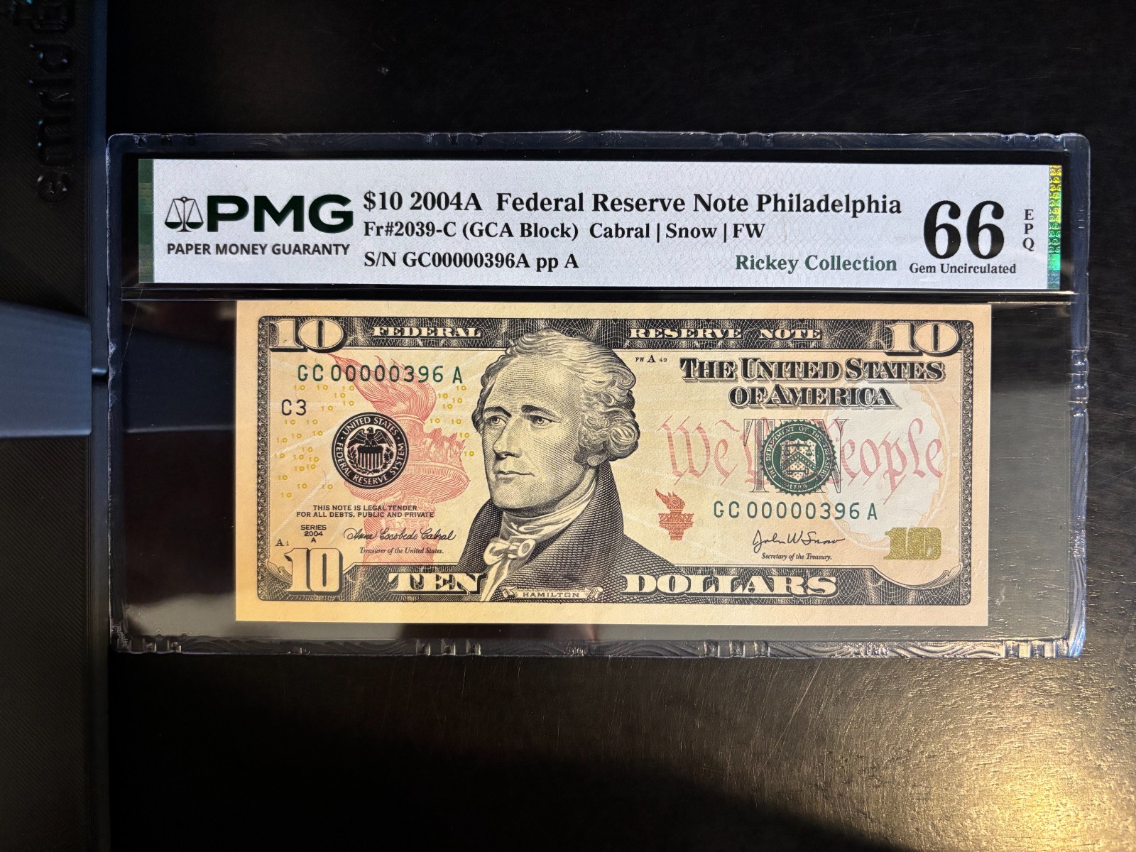 DBR 2004-A $10 FRN Philadelphia Gem Fr. 2039-C PMG 66 EPQ Low Serial GC00000396A