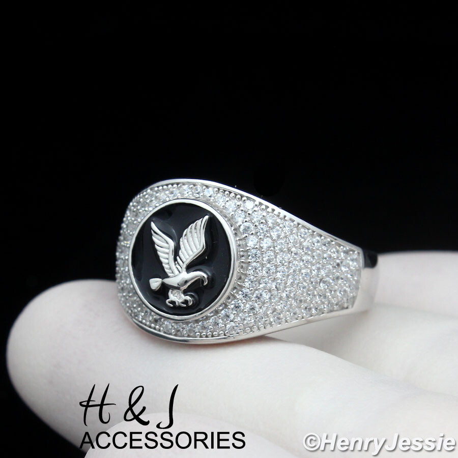 MEN 925 STERLING SILVER ICY BLING CZ GOLD PLATED/SILVER 3D EAGLE RING*R197