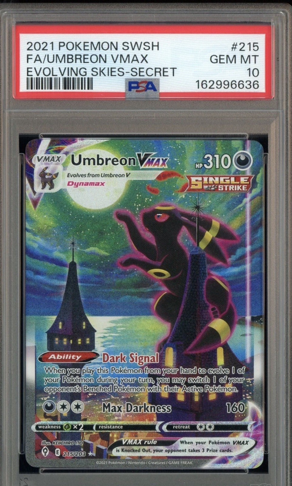 2021 Pokemon SWSH Evolving Skies Secret #215 FA Umbreon Vmax PSA 10 GEM MINT 2021 Pokemon SWSH Evolving Skies Secret #215 FA Umbreon Vmax PSA 10 GEM MINT