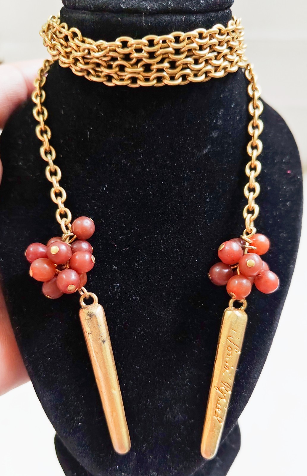 Vintage Sonia Rykiel Paris Gold Tone Long Necklace Red Beads 2 Hanging Ends
