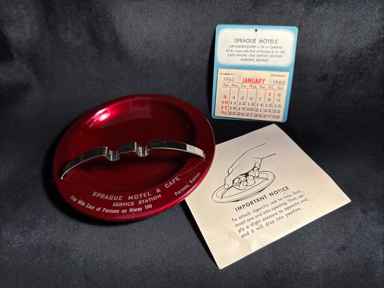 Vintage Sprague Motel & Cafe Advertising Ashtray & 1960 Calendar Vintage Sprague Motel & Cafe Advertising Ashtray & 1960 Calendar