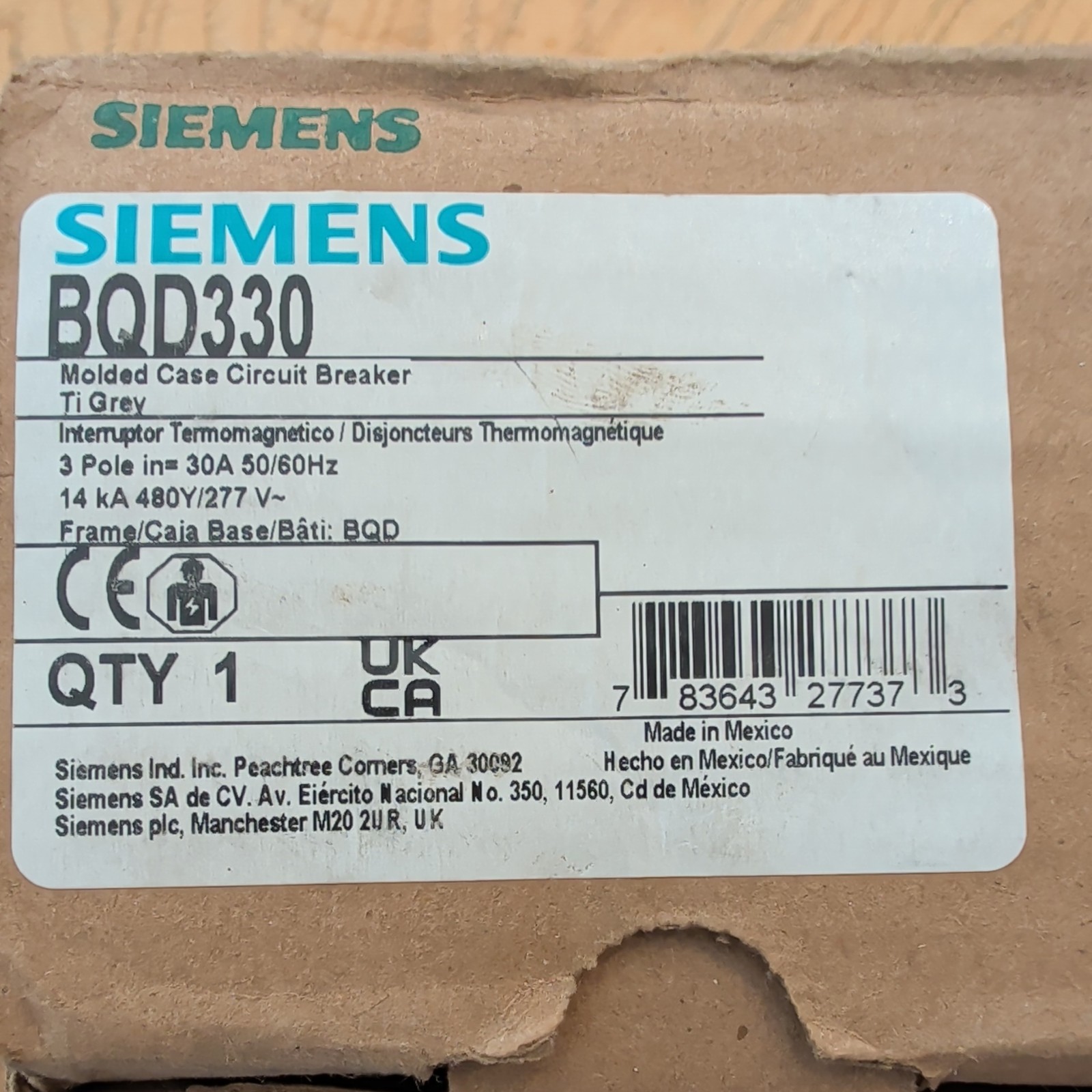Siemens BQD330 30 Amp 3 Pole 480VAC Mini Circuit Breaker