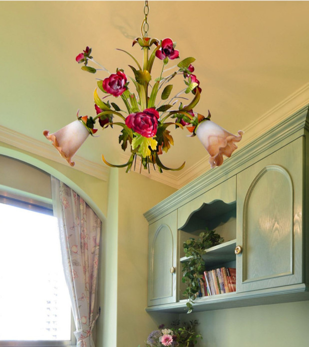 Rural Rose Pendant Lamp Living Room Bedroom Light Vintag Flower Grass Chandelier