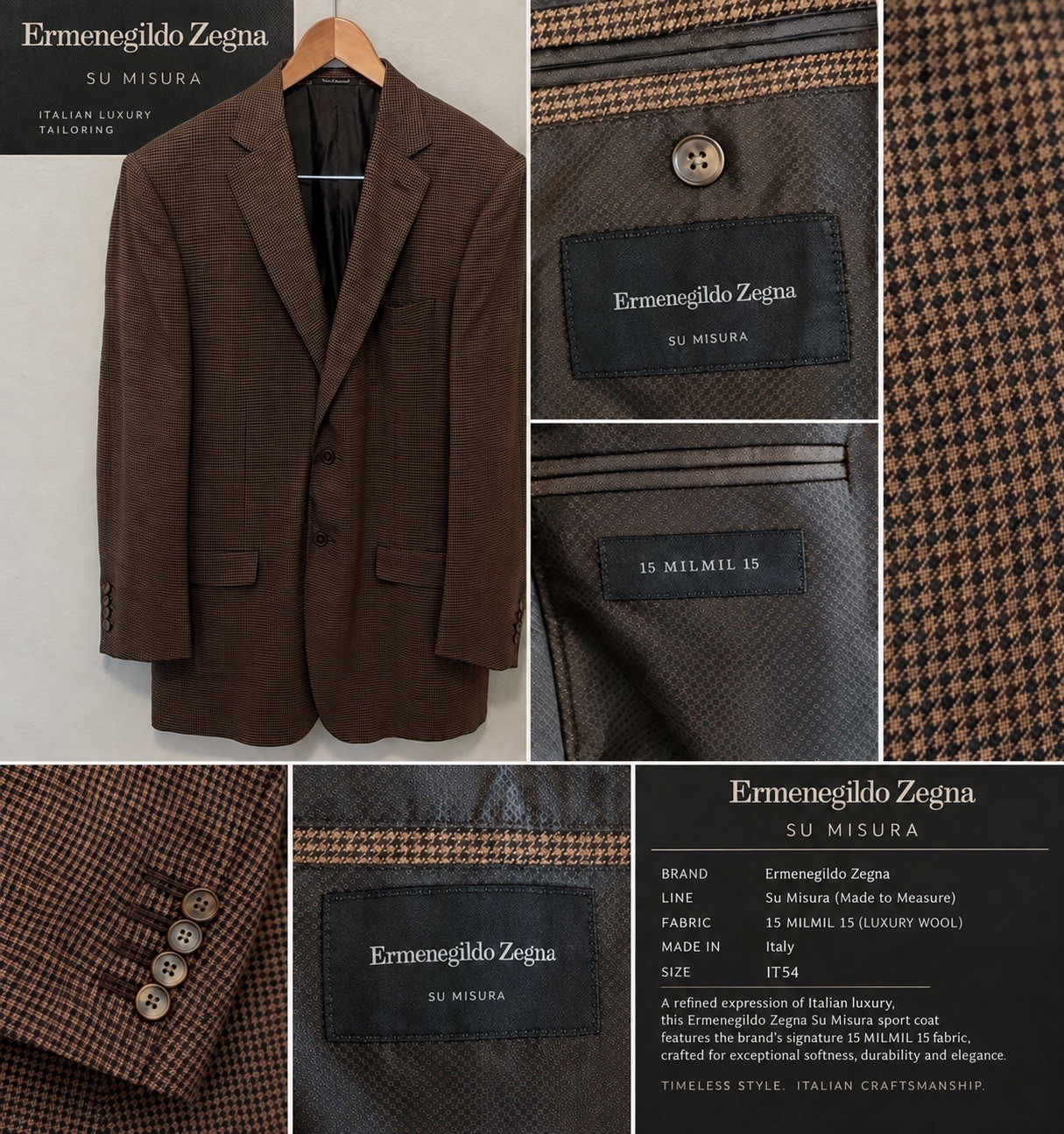 Ermenegildo Zegna Su Misura 15 Milmil 15 Sport Coat IT IT54 Houndstooth Swiss
