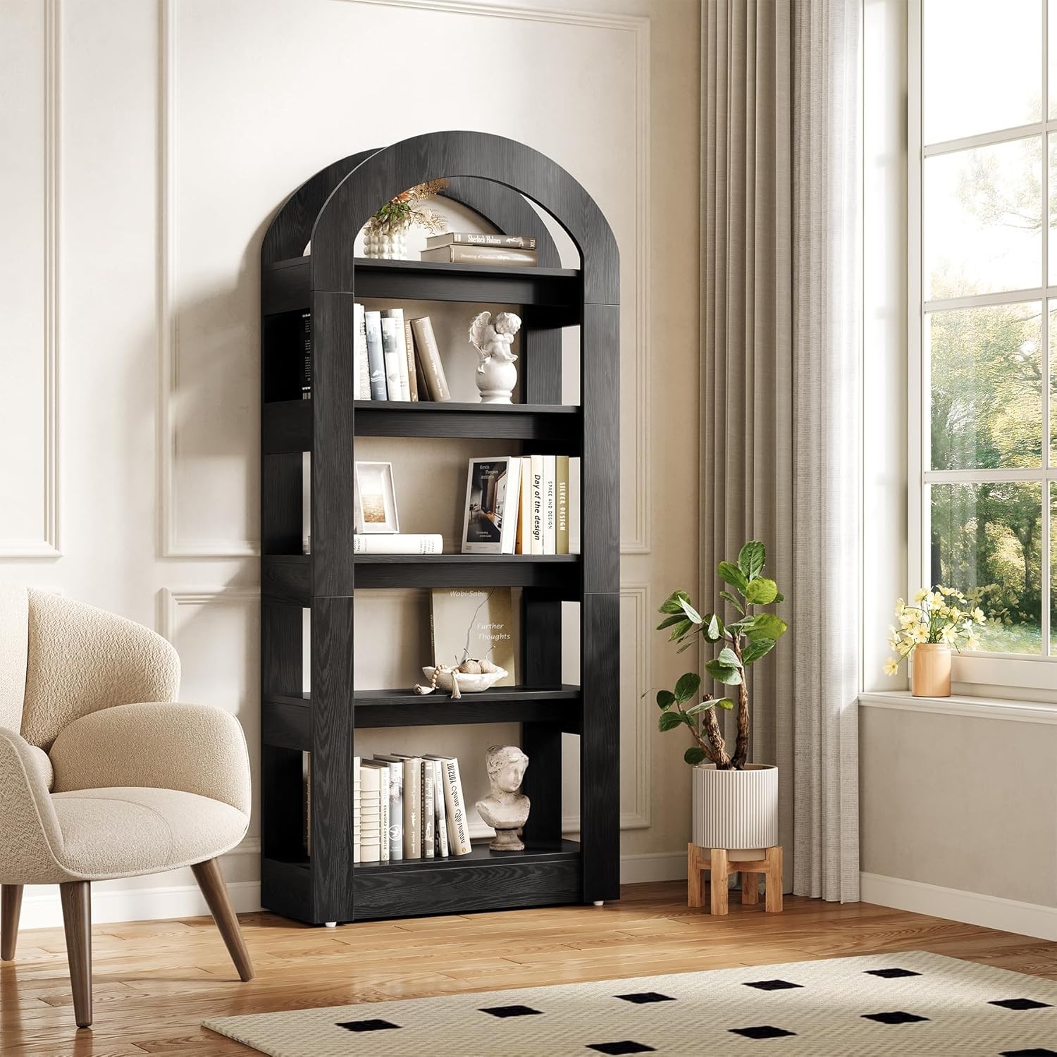 5-Tier Arch-Shaped Bookshelf, Modern Wooden Freestanding Bookcase Display Shelf