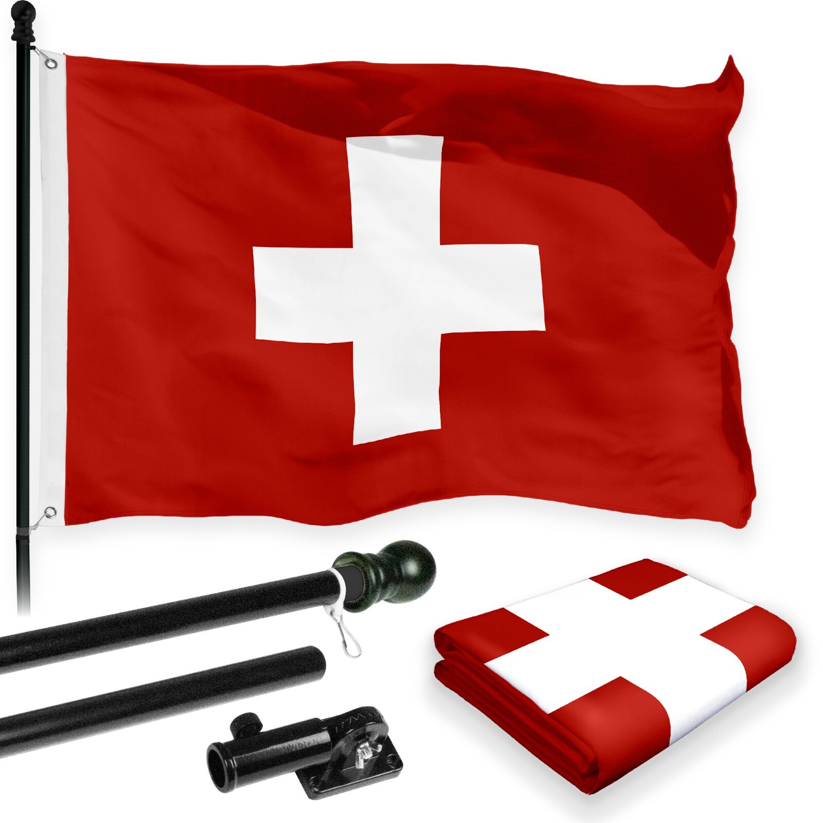 NEW G128 Switzerland Flag & Flagpole Set, 6FT Black Pole and 3x5FT 150D Flag