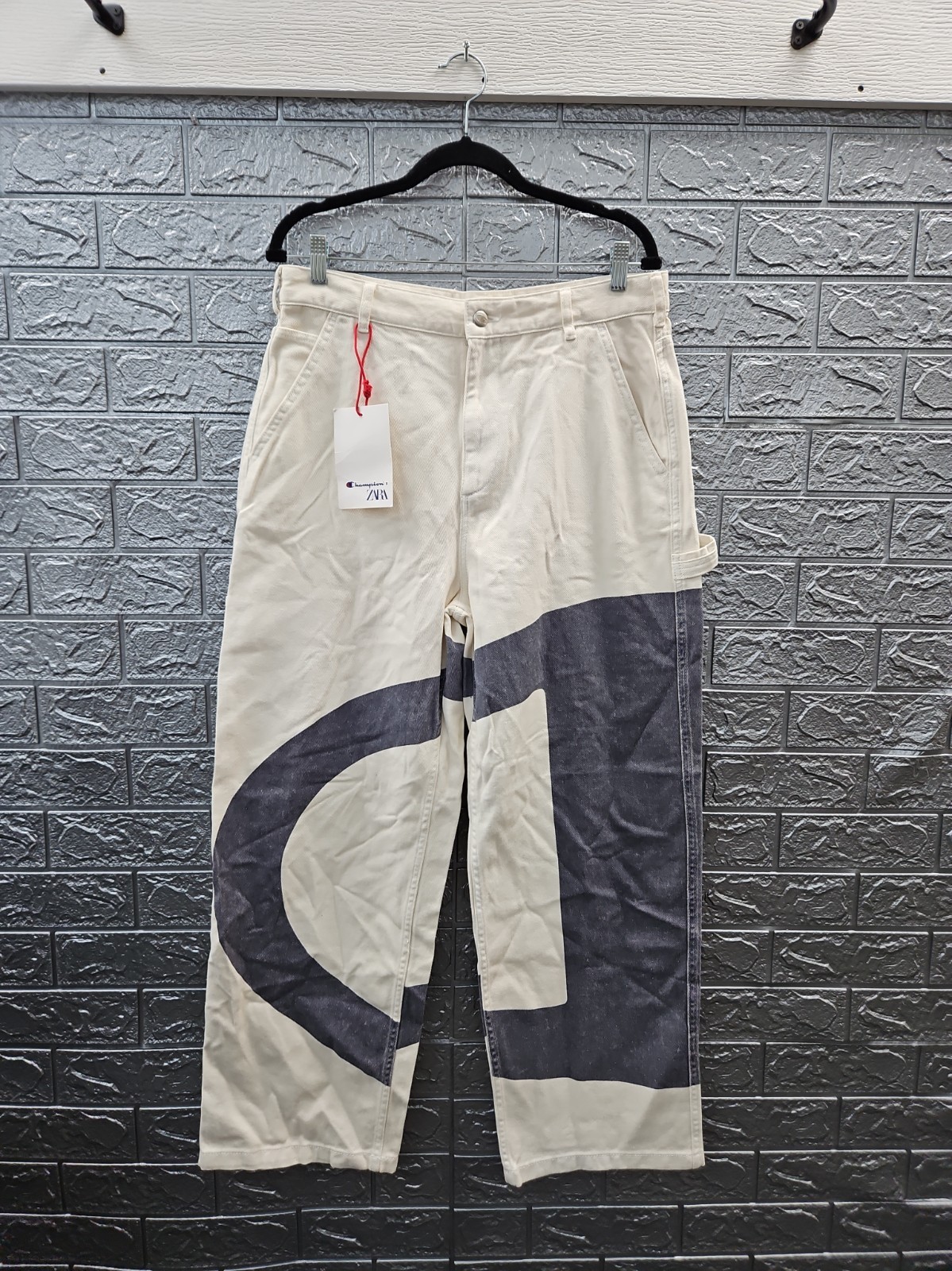 New Zara X Champion Men\'s Pants With Contrast Logo Ecru Sz 30 New Zara X Champion Men\'s Pants With Contrast Logo Ecru Sz 30