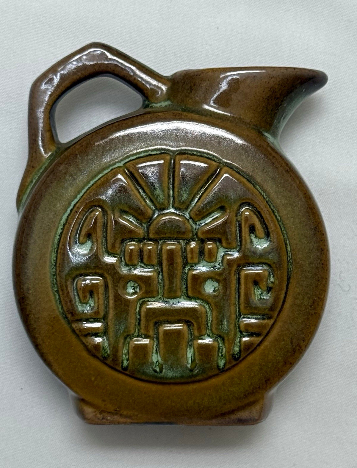 Frankoma Pottery 551, Mayan-Aztec pattern mini pitcher Radcliffe Supply Promo 