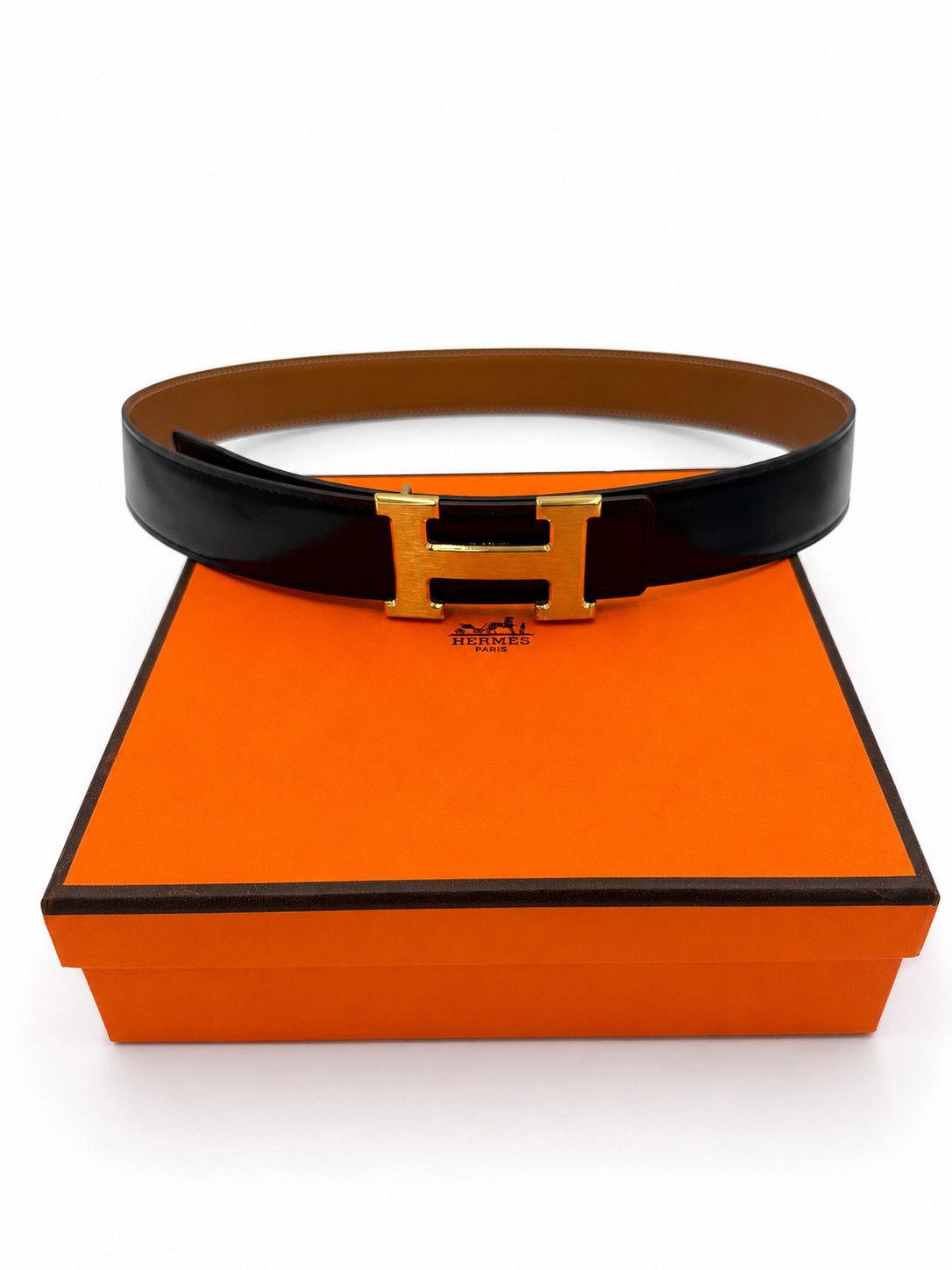 Hermes Reversible Belt 32mm Golden Brown and Black Brushed Gold H Buckle Size 85