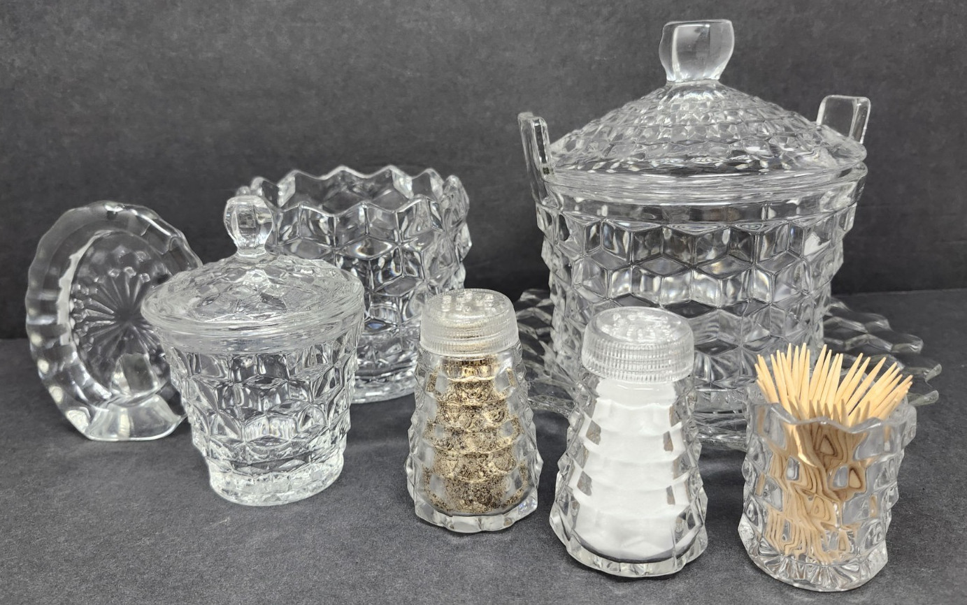 Fostoria American Ice Bucket w/ Lid Spooner Shakers Jam Pot Frame and More LOT